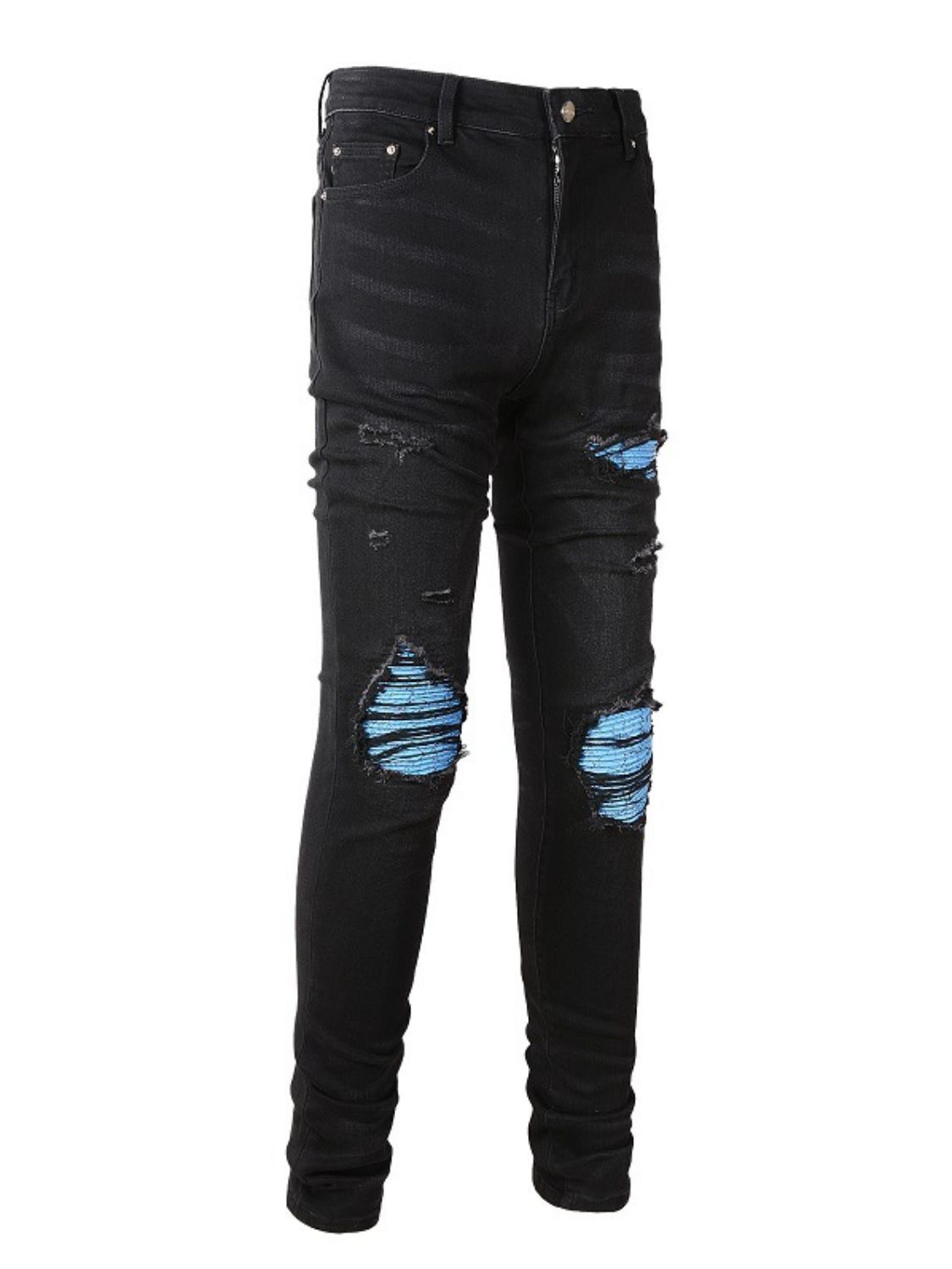 Men's Distressed Skinny Jeans with Raw Hem and Stretch