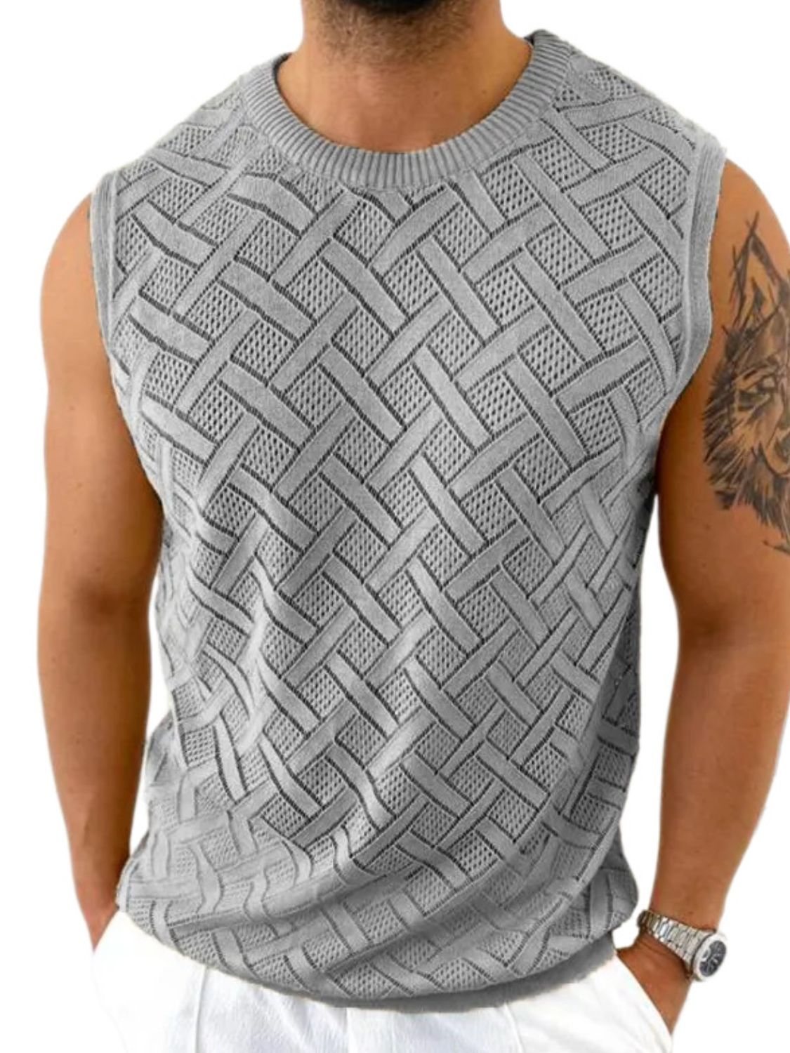 Men's Round Neck Sleeveless Eyelet Knit Top for Casual Wear