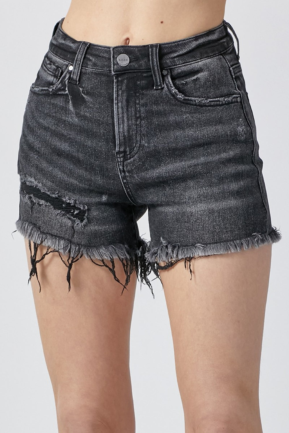 Trendy Raw Hem Denim Shorts with Functional Pockets by RISEN