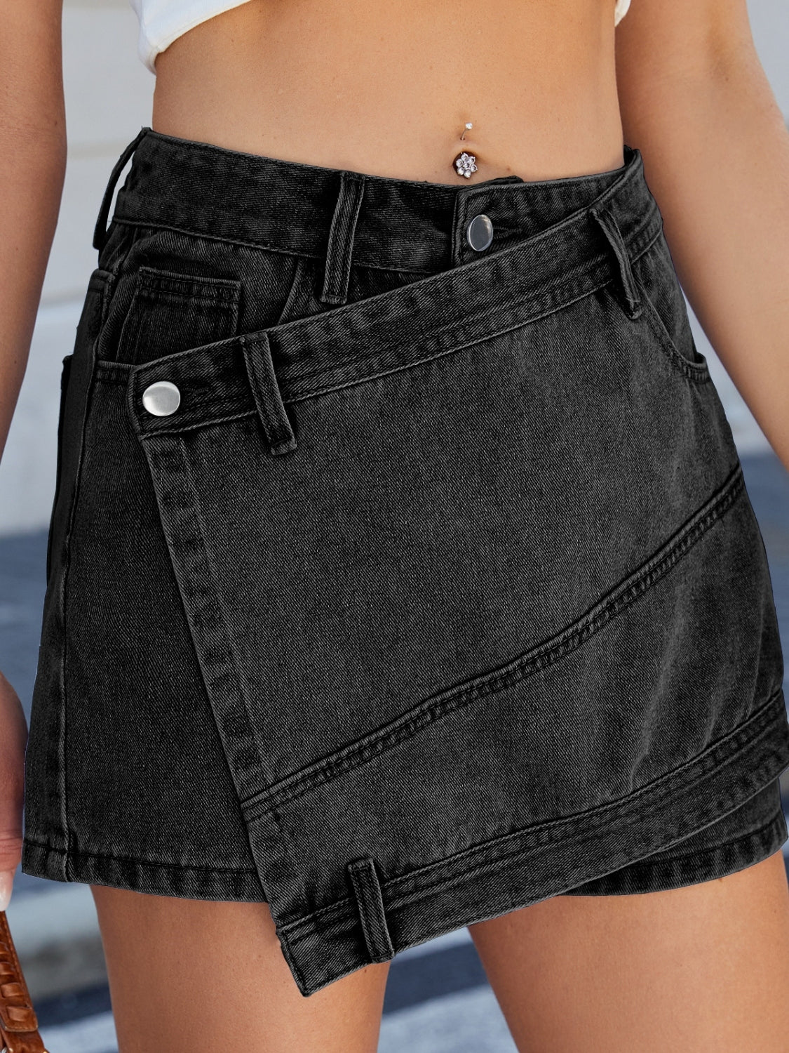 Asymmetrical Denim Skort with Pockets for Stylish Comfort