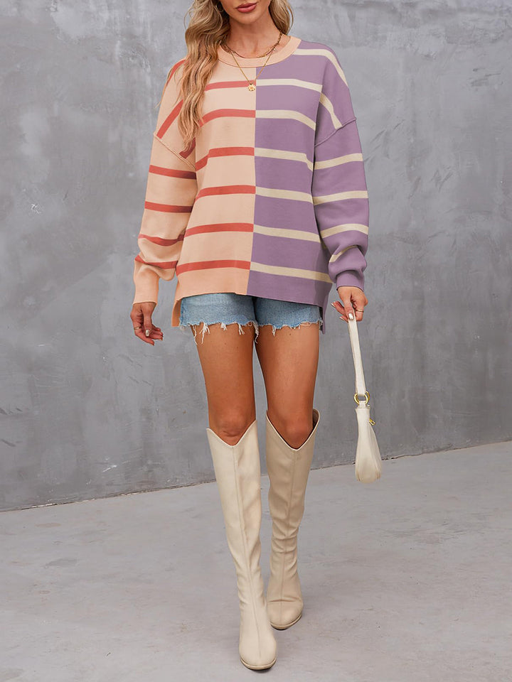 Chic Striped Knit Sweater with Round Neck and Long Sleeves