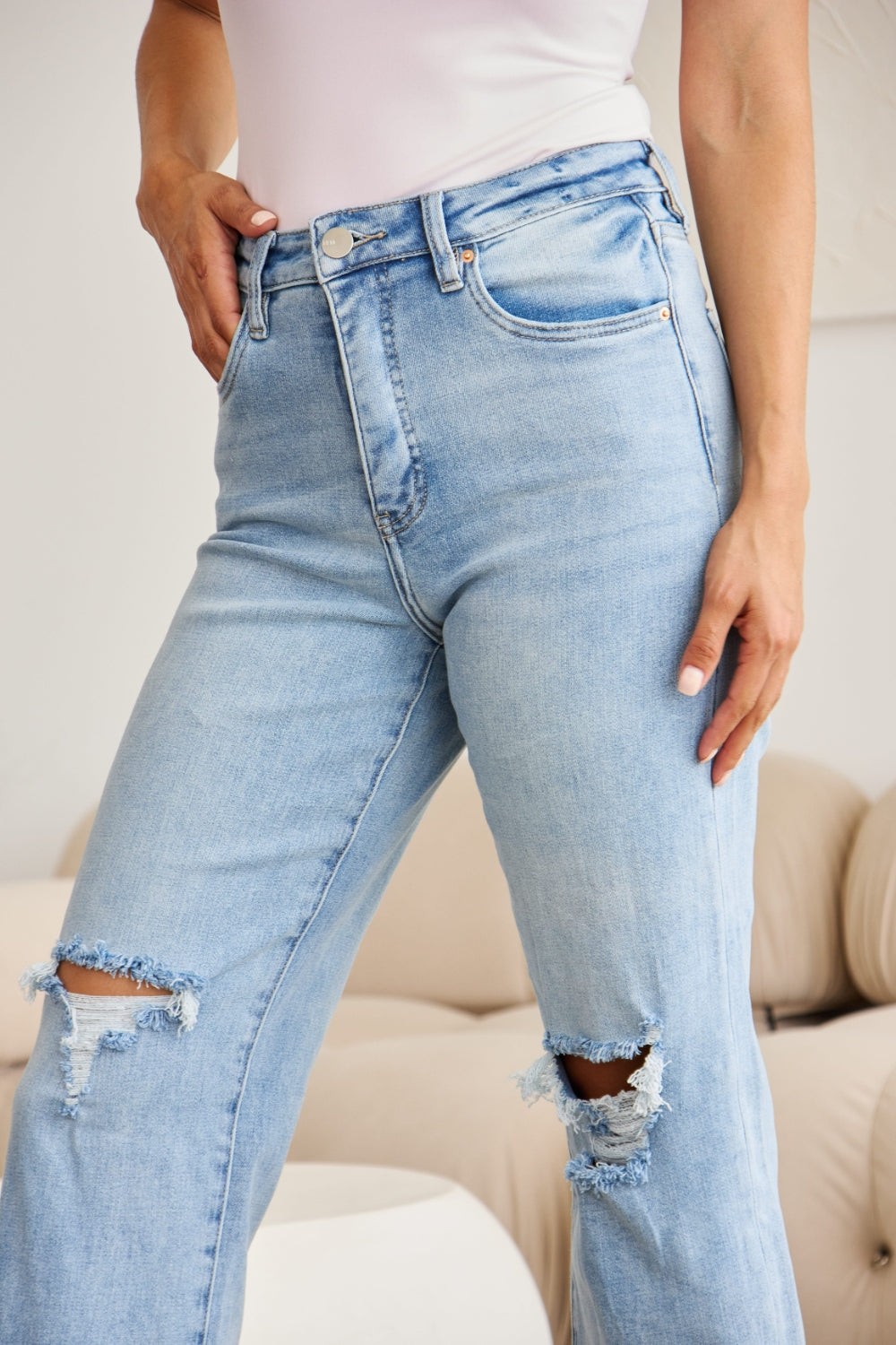 High Waist Distressed Tummy Control Jeans with Raw Hem Finish