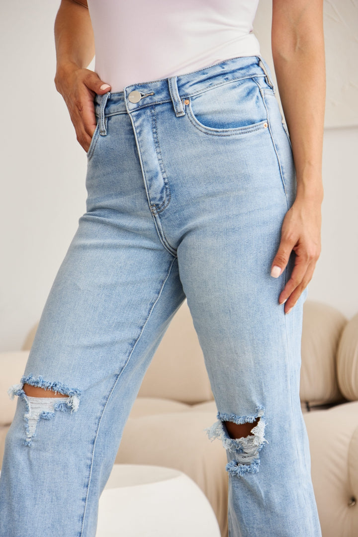 High Waist Distressed Tummy Control Jeans with Raw Hem Finish