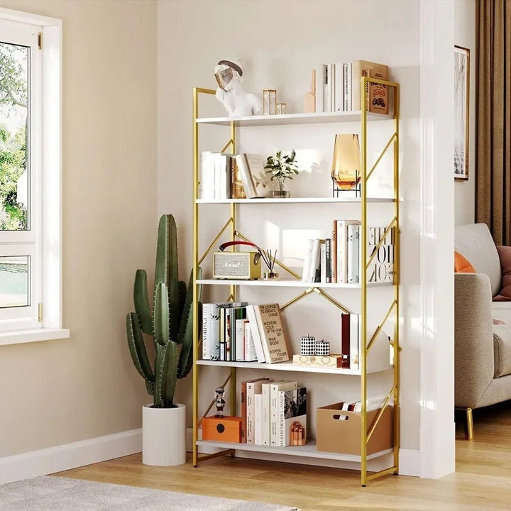 Elegant Gold 5-Tier Bookcase - Open Shelf Storage for Living Room & Bedroom