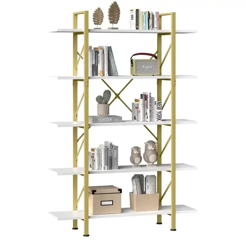 Elegant Gold & White 5-Tier Steel Bookcase - Freestanding Open Display Organizer for Home and Office