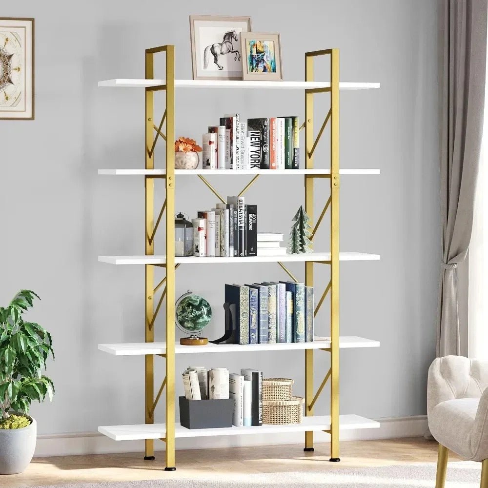 Elegant Gold & White 5-Tier Steel Bookcase - Freestanding Open Display Organizer for Home and Office