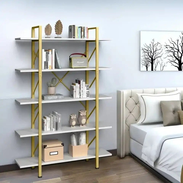 Elegant Gold & White 5-Tier Steel Bookcase - Freestanding Open Display Organizer for Home and Office