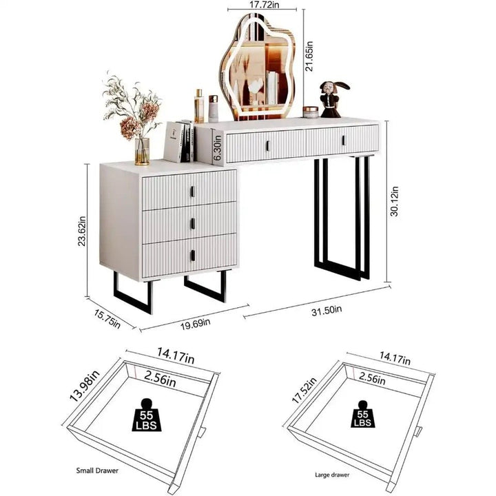 Elegant Vanity Makeup Table Set with Illuminated Mirror and 5 Drawers for Women and Girls
