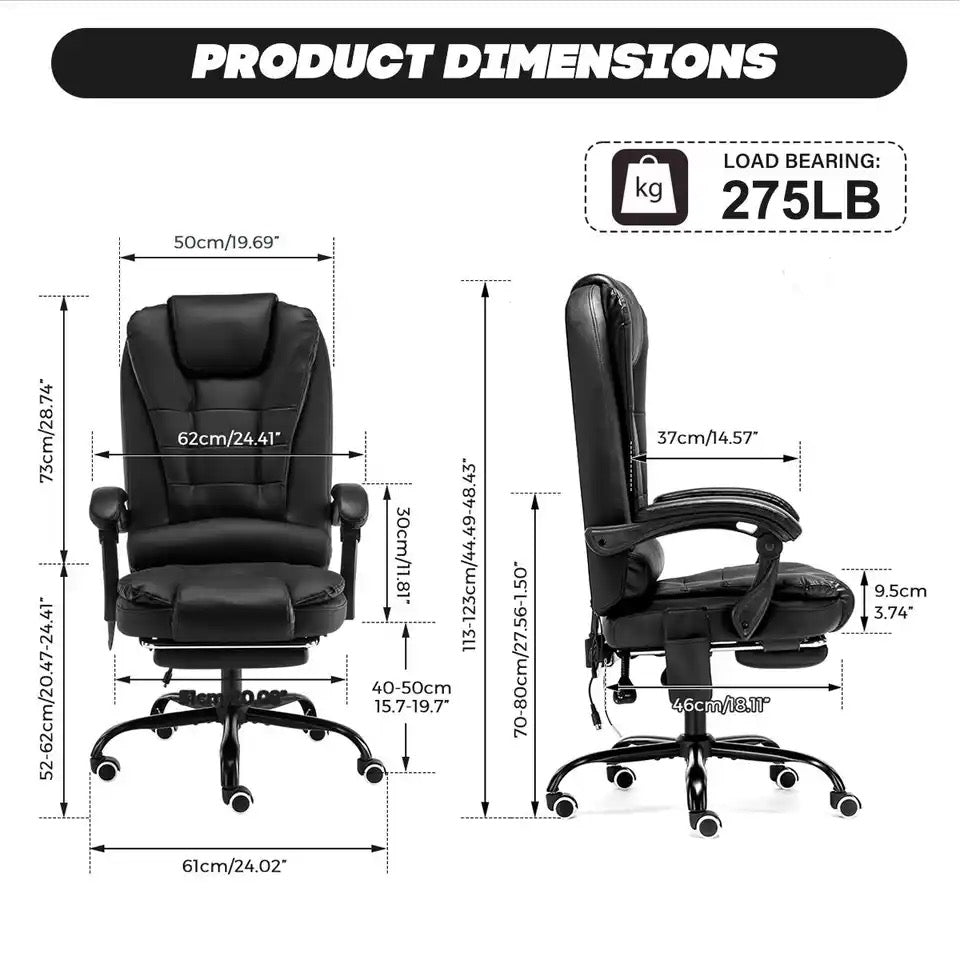 Ergonomic Executive Office Chair with Massage Function, Adjustable Height, and Retractable Footrest - Premium Comfort in Black PVC Leather