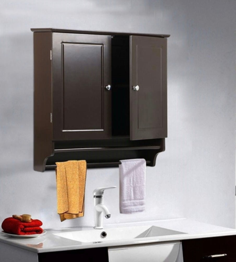 Espresso 2-Door Bathroom Wall Cabinet Cupboard with Towel Bar