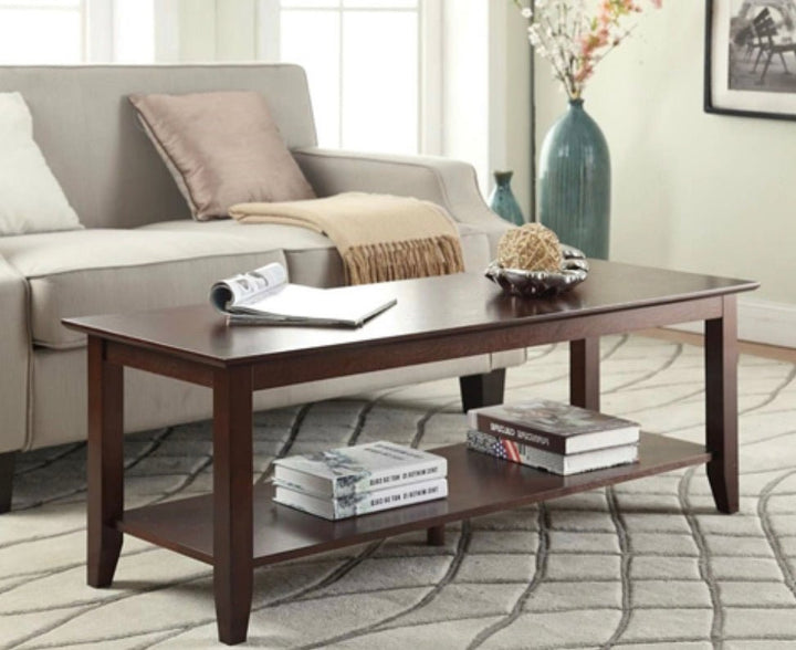 Espresso Wood Grain Coffee Table with Bottom Shelf