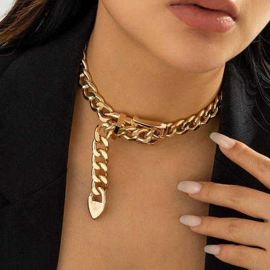 Exaggerated Heavy Metal Belt Choker Necklace for Women Punk Thick Chunky Clavicle Chain Grunge Jewelry Steampunk Men