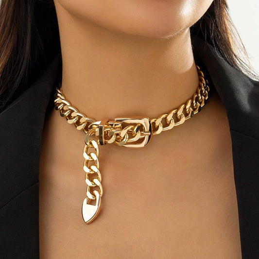 Exaggerated Heavy Metal Belt Choker Necklace for Women Punk Thick Chunky Clavicle Chain Grunge Jewelry Steampunk Men