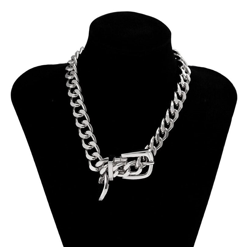 Exaggerated Heavy Metal Belt Choker Necklace for Women Punk Thick Chunky Clavicle Chain Grunge Jewelry Steampunk Men