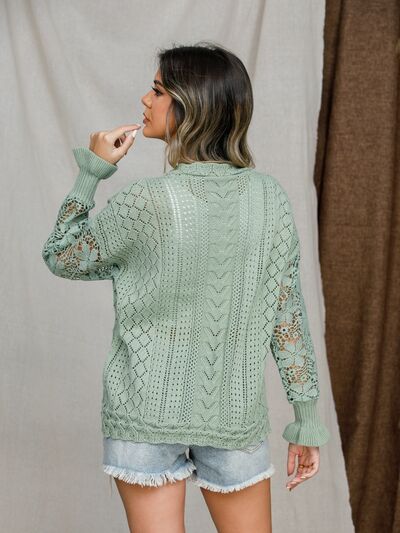 Elegant Lantern Sleeve Crochet Sweater with Eyelet Design