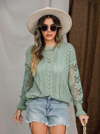 Elegant Lantern Sleeve Crochet Sweater with Eyelet Design