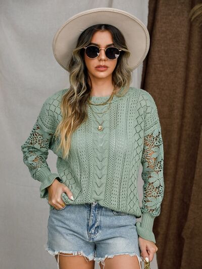 Elegant Lantern Sleeve Crochet Sweater with Eyelet Design