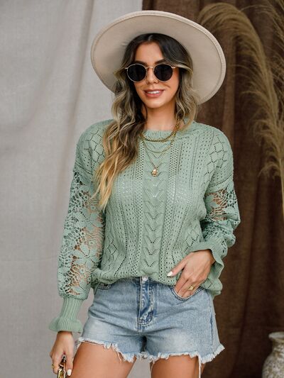 Elegant Lantern Sleeve Crochet Sweater with Eyelet Design
