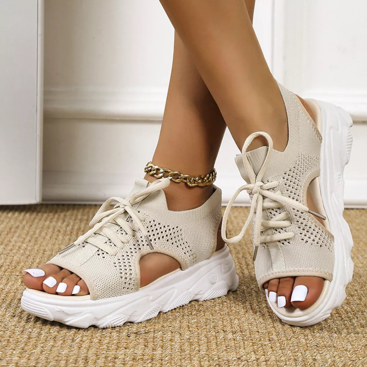 Breathable Mesh Lace-Up Platform Sandals