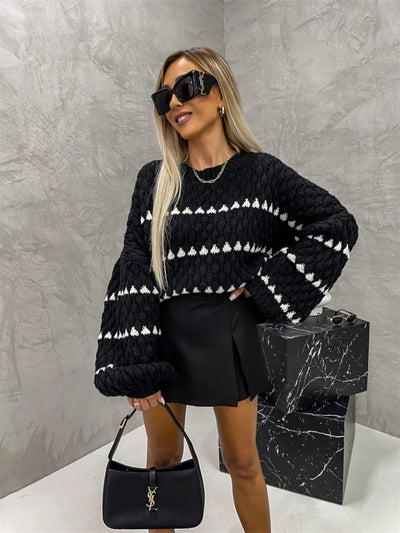 Contrast Round Neck Long Sleeve Sweater for Casual Style