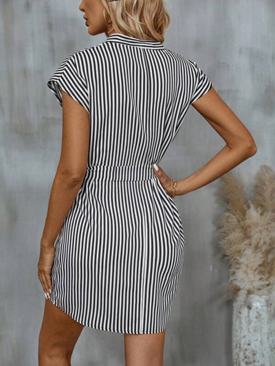 Cap Sleeve Mini Dress with Elegant Tied Striped Accent