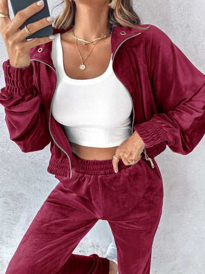 Cropped Zip-Up Long Sleeve Top and Jogger Set for Women