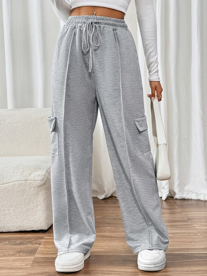 Perfee Stylish Opaque Wide Leg Pants with Adjustable Drawstring and Pockets