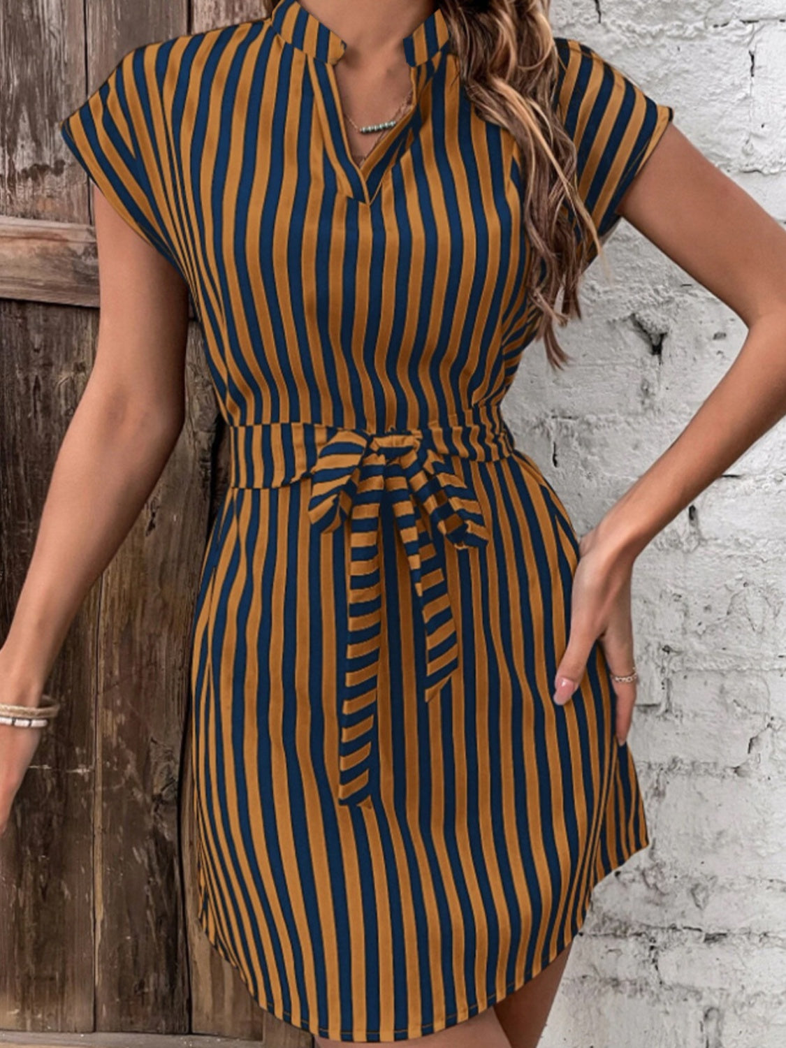 Cap Sleeve Mini Dress with Elegant Tied Striped Accent