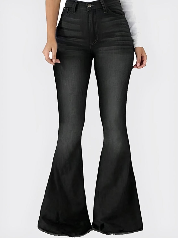 Distressed Flare Jeans with Edgy Raw Hem and Pocketed Design