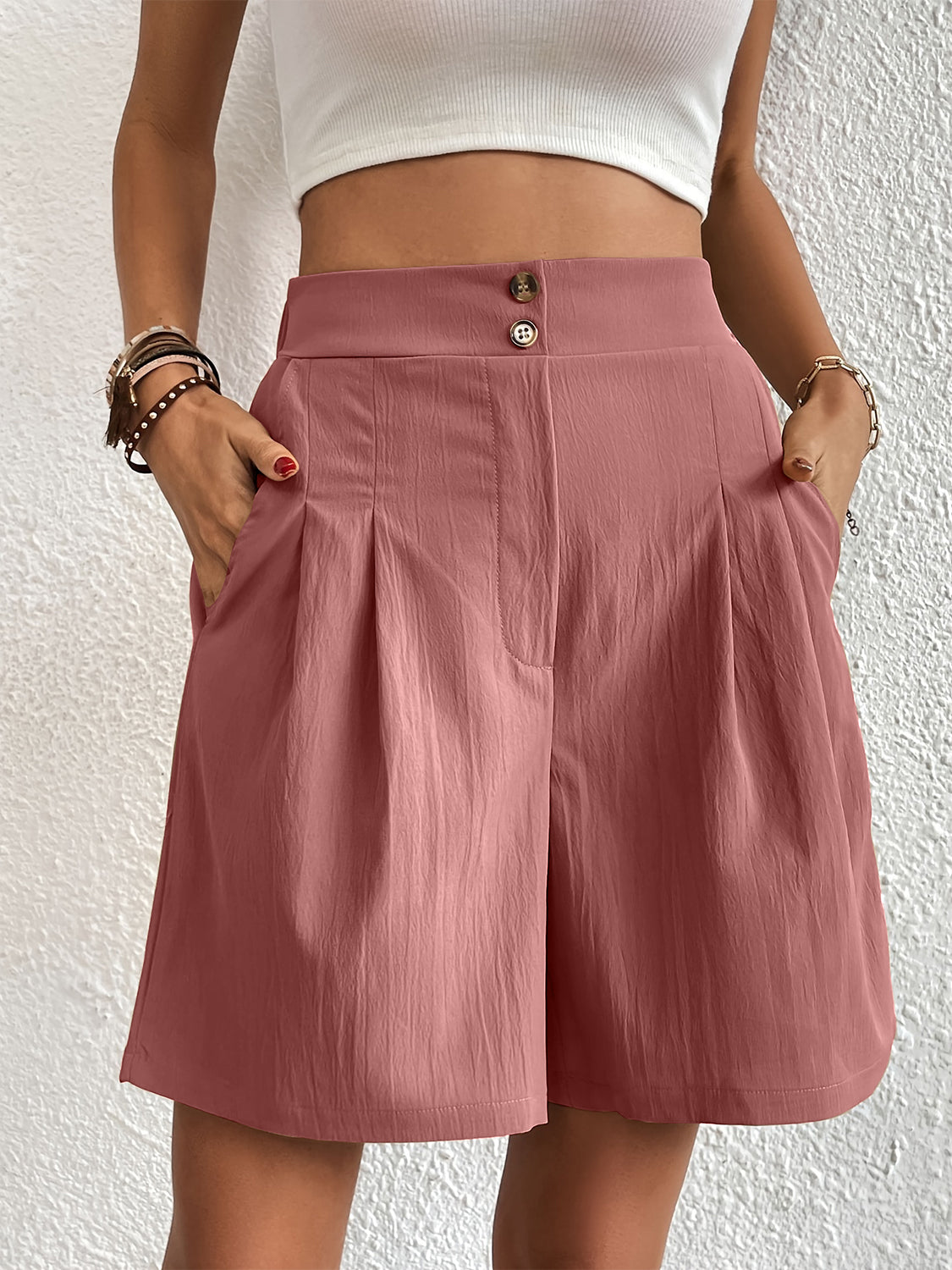 Elegant Ruched Elastic Waist Shorts with Pockets for Women