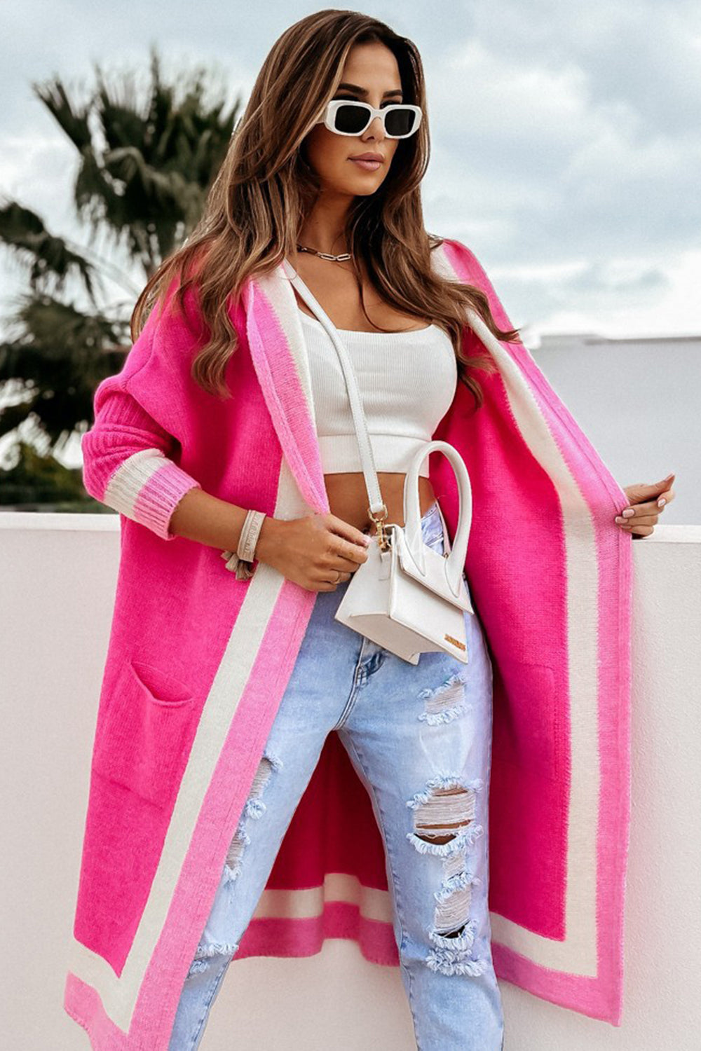 Pocketed Contrast Long Sleeve Hooded Cardigan for Women