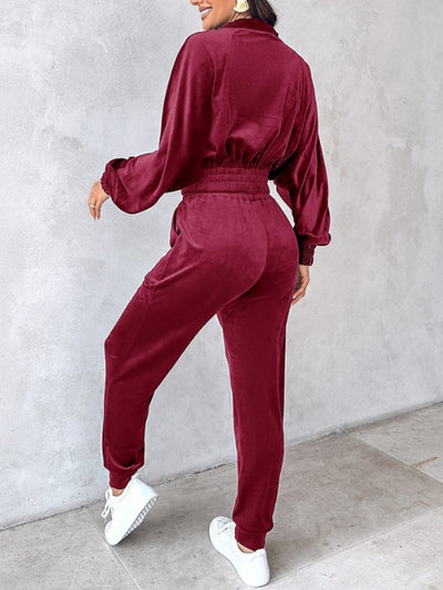 Cropped Zip-Up Long Sleeve Top and Jogger Set for Women