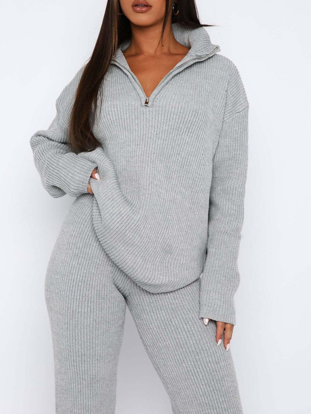 Chic Ribbed Quarter Zip Lounge Set with Long Sleeve Top and Bottom