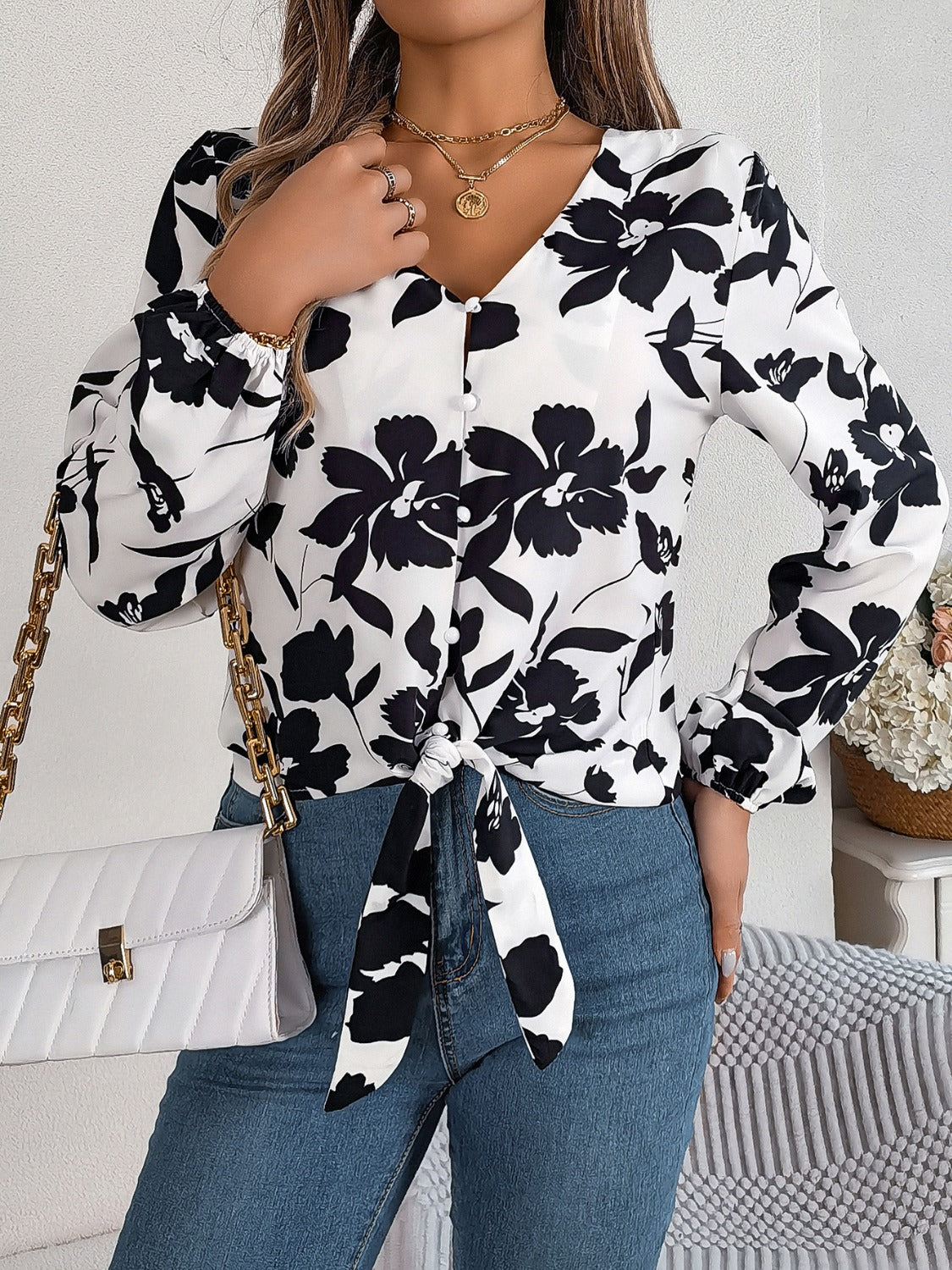 Elegant Printed Long Sleeve V-Neck Blouse for Women