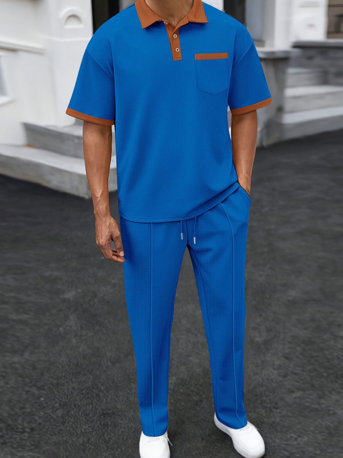 Men's Full Size Waffle-Knit Contrast Polo Pants Set Plus Size