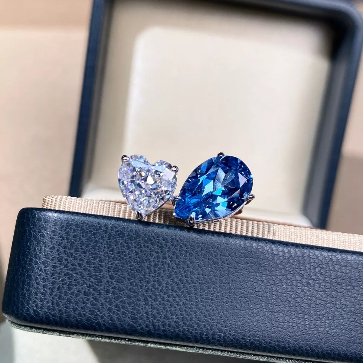 Heart and Teardrop Shaped Dual-Stone Open Ring