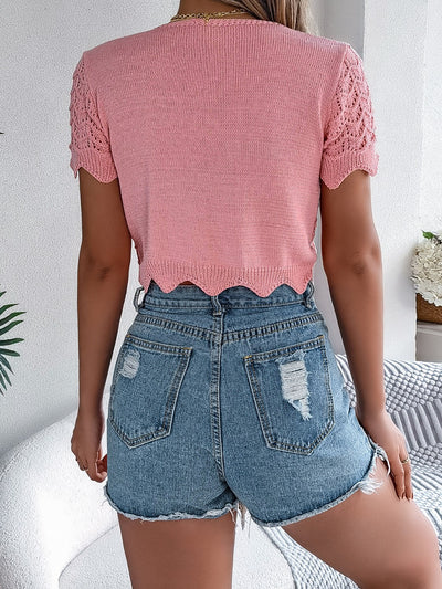 Elegant Lace Tie-Detail Short Sleeve Cardigan for Women
