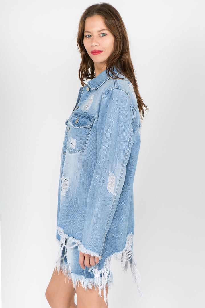 Vintage-Inspired Frayed Hem Denim Jacket by American Bazi