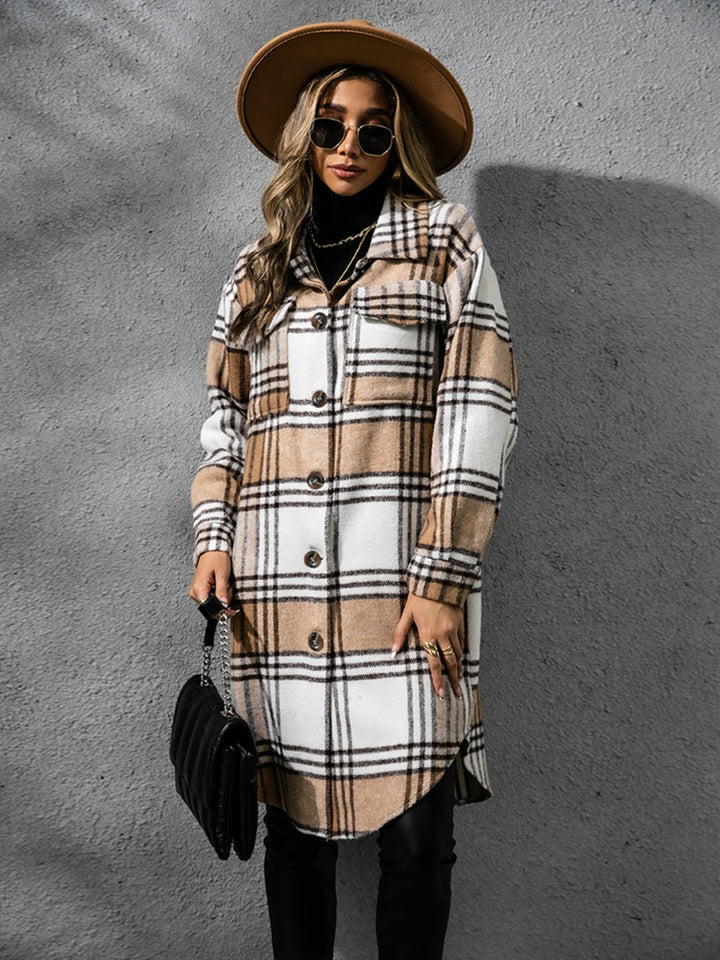 Chic Plaid Long Sleeve Coat with Collared Neck