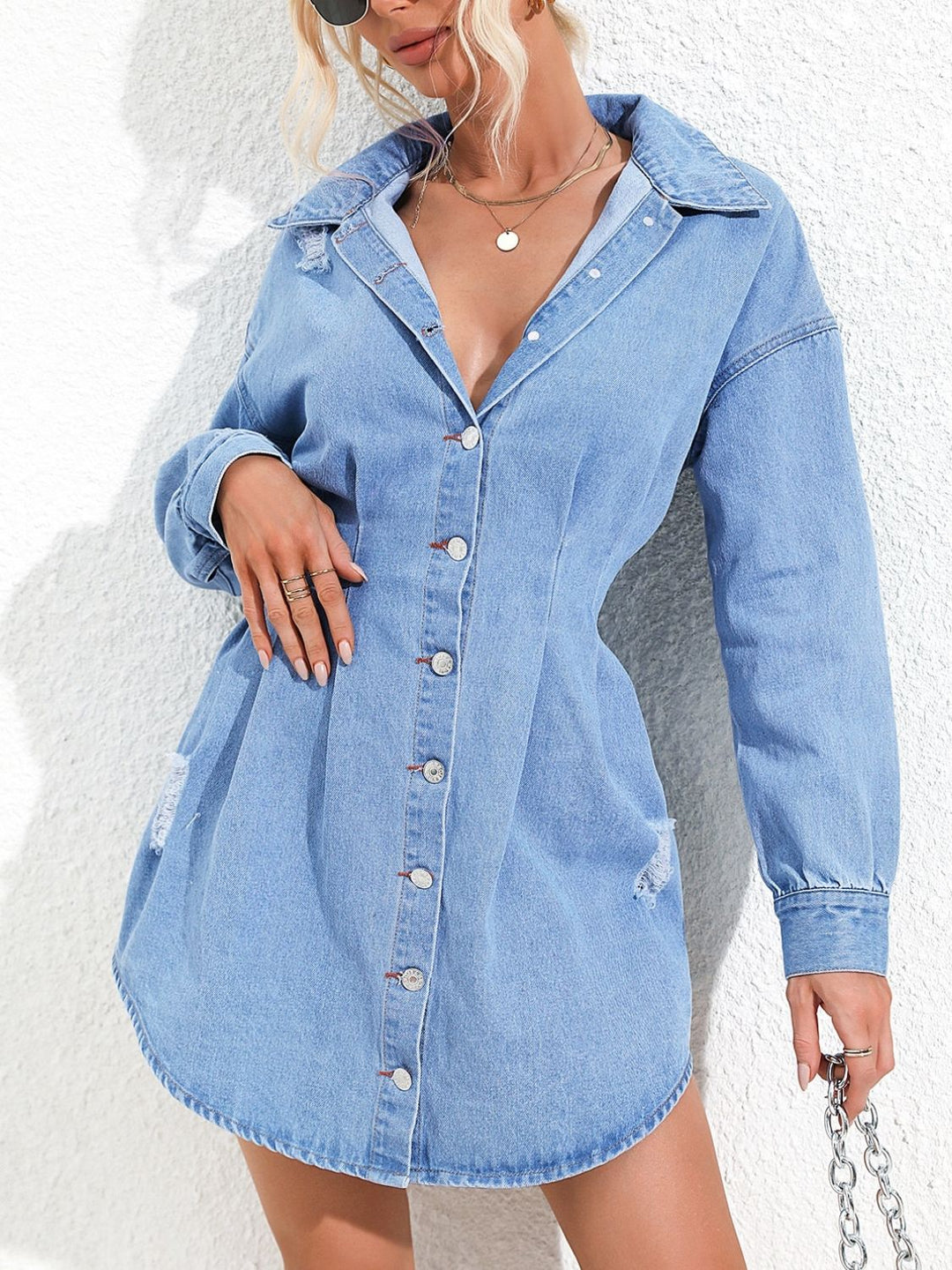 Chic Distressed Denim Shirt Dress with Button Closure