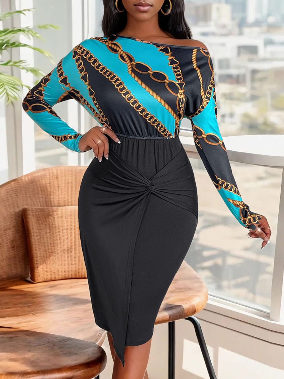 Elegant Twisted Sheer Long Sleeve Dress with Print