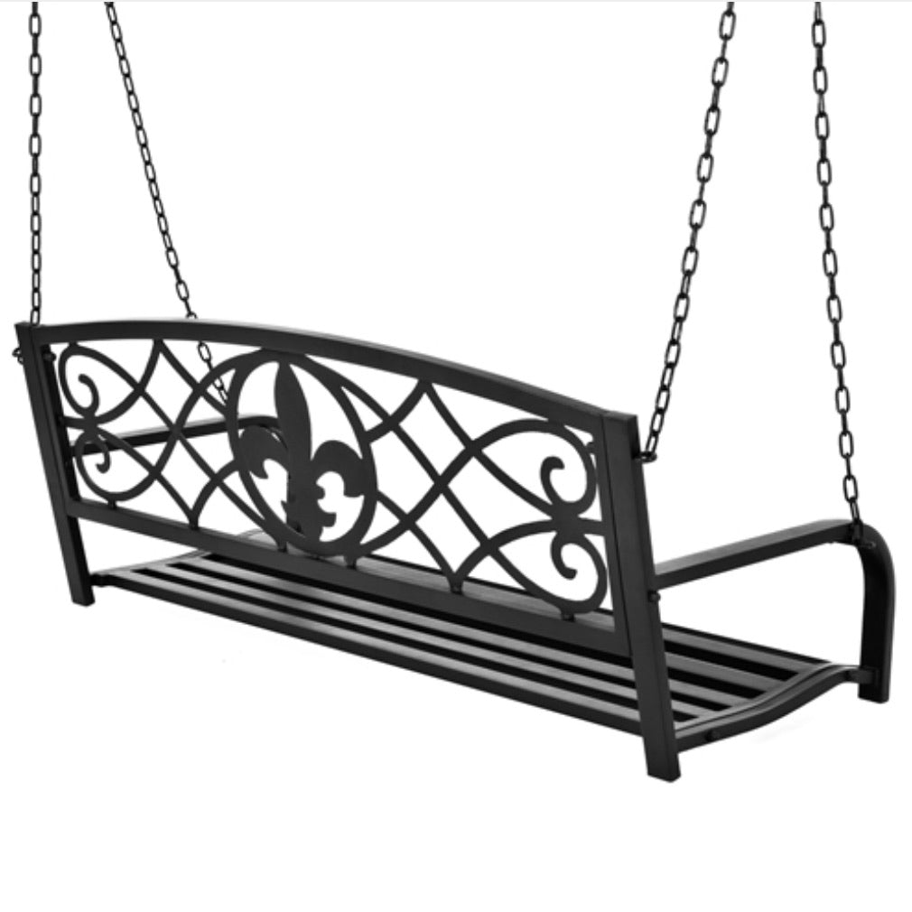 Farmhouse Black Sturdy 2 Seat Porch Swing Bench Scroll Accents