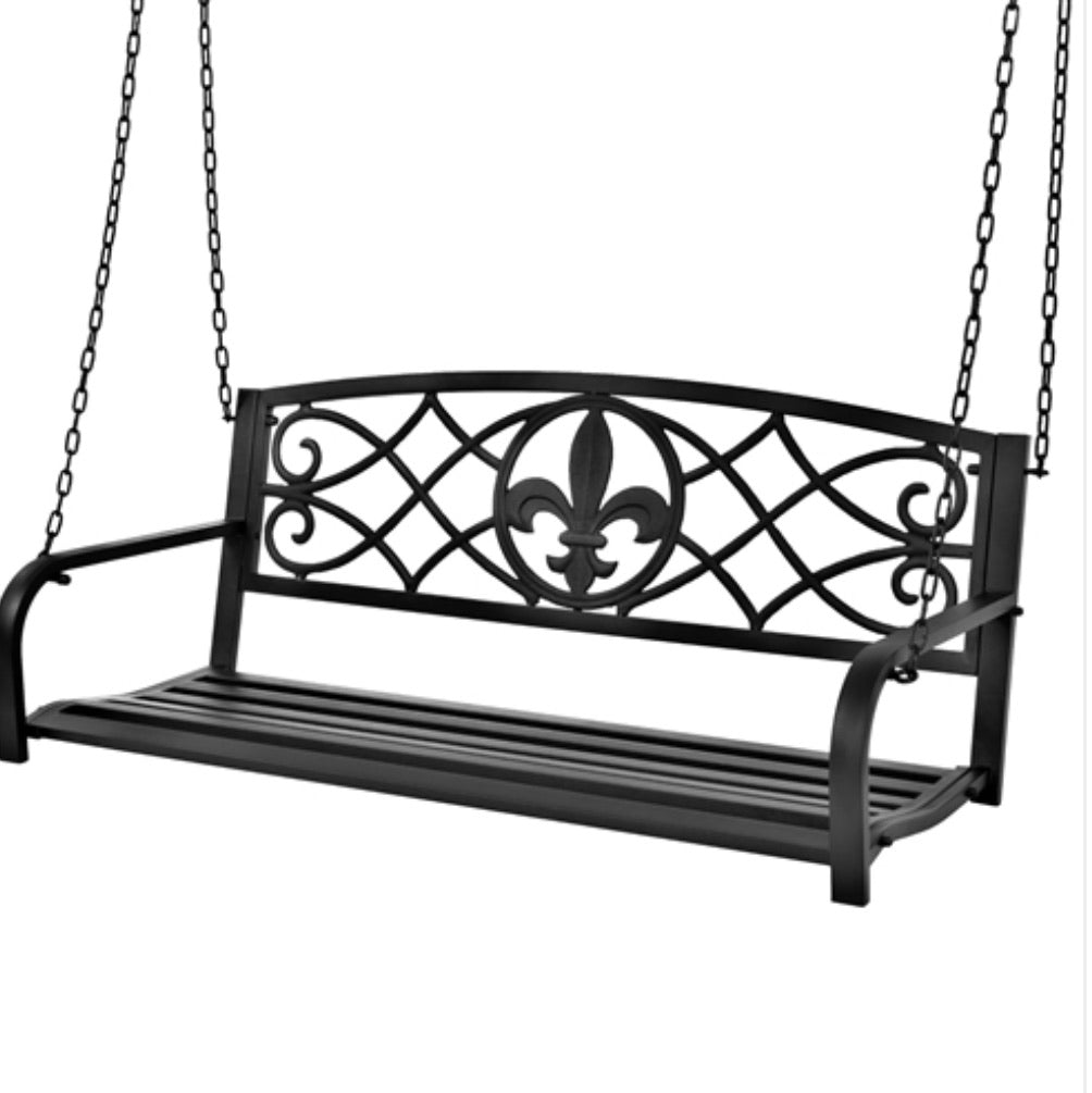 Farmhouse Black Sturdy 2 Seat Porch Swing Bench Scroll Accents