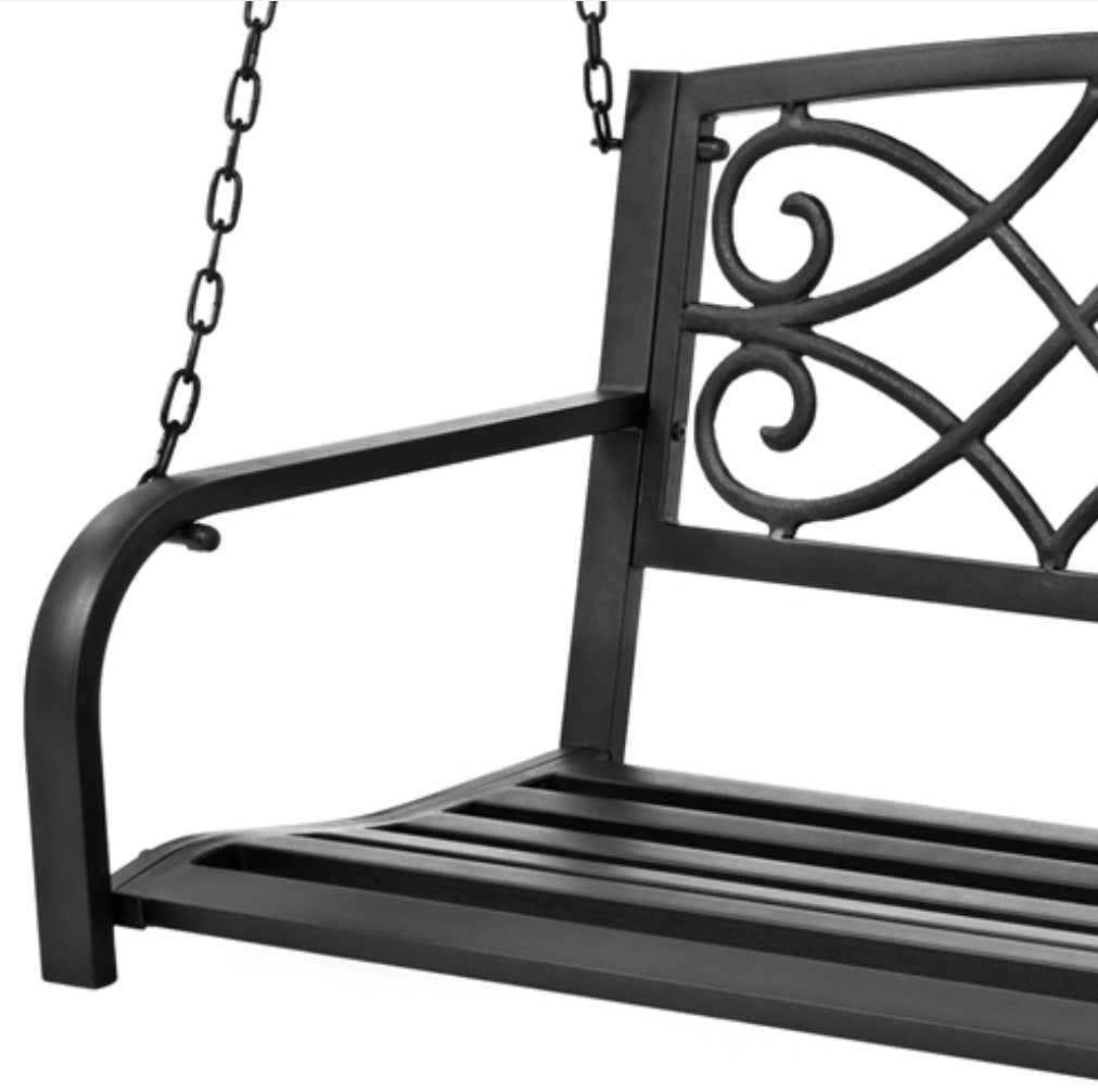 Farmhouse Black Sturdy 2 Seat Porch Swing Bench Scroll Accents