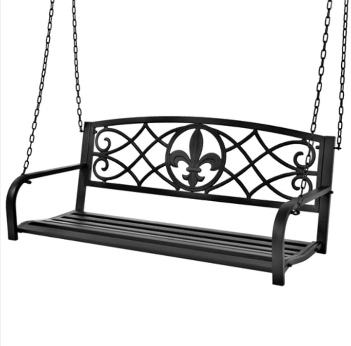 Farmhouse Black Sturdy 2 Seat Porch Swing Bench Scroll Accents