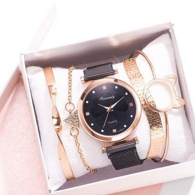 Fashion 5 Piece Set Women Watches Luxury Magnet Buckle Flower Rhinestone Watch Ladies Quartz Wrist Watch Bracelet