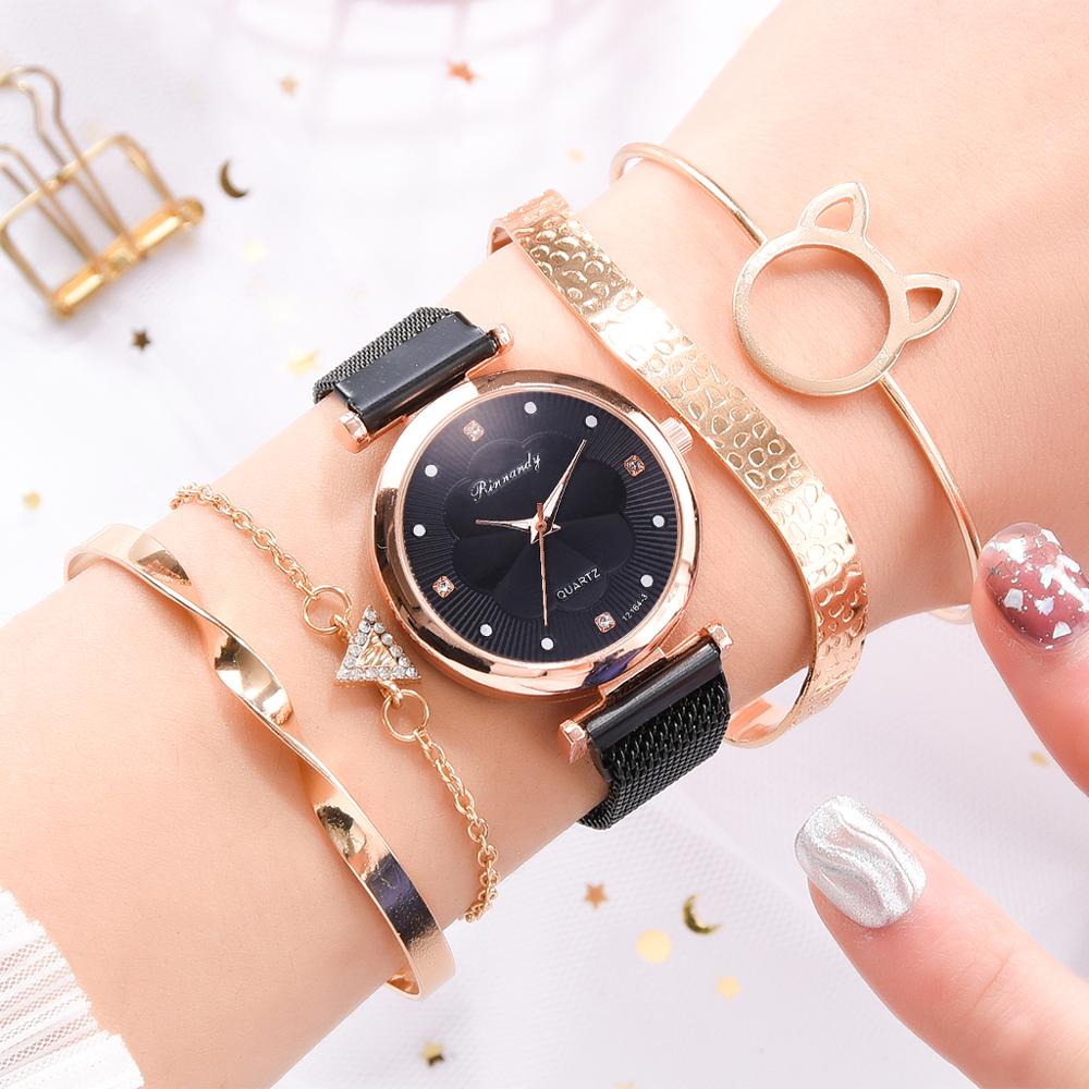 Fashion 5 Piece Set Women Watches Luxury Magnet Buckle Flower Rhinestone Watch Ladies Quartz Wrist Watch Bracelet