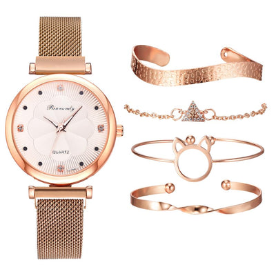 Fashion 5 Piece Set Women Watches Luxury Magnet Buckle Flower Rhinestone Watch Ladies Quartz Wrist Watch Bracelet