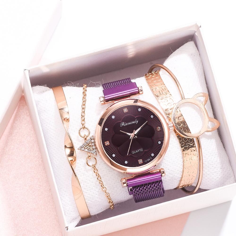 Fashion 5 Piece Set Women Watches Luxury Magnet Buckle Flower Rhinestone Watch Ladies Quartz Wrist Watch Bracelet