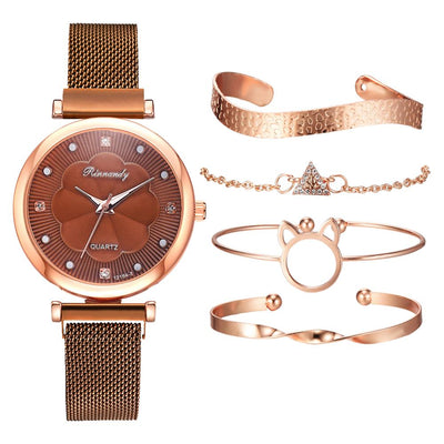 Fashion 5 Piece Set Women Watches Luxury Magnet Buckle Flower Rhinestone Watch Ladies Quartz Wrist Watch Bracelet
